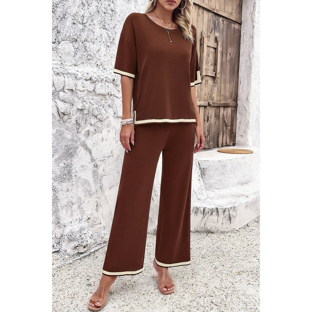 Two Pieces Outfits Knit Short Sleeve Wide Leg Lounge Sets - Picture 10 of 13